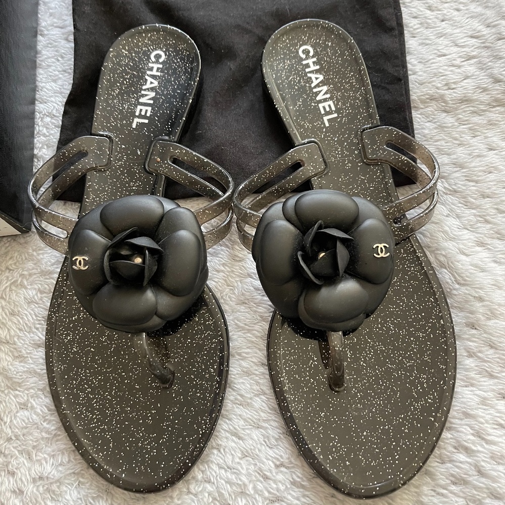 Chanel Jelly Sandals w/Camellia Flower, Blk sz 37